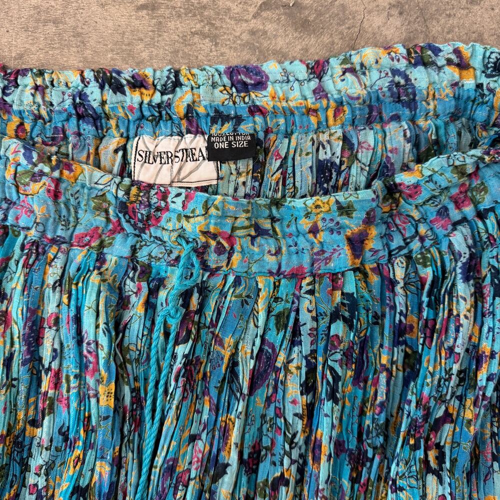 VintageY2K Cottagecore Fairy Floral Blue Wimsical Metallic Tier Midi Skirt L - Picture 3 of 5